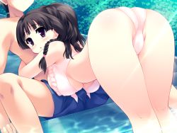 Rule 34 | 1boy, 1girl, ass, bent over, bikini, black hair, blush, braid, breast press, breasts, day, erection, frilled bikini, frills, from behind, front-tie top, game cg, hachikazuki chizuru, harukazedori ni tomarigi wo, harukazedori ni tomarigi wo 2nd story, hetero, highres, hug, kneepits, large breasts, looking back, midriff, non-web source, open mouth, outdoors, penis, ponytail, purple eyes, short hair, solo focus, swimsuit, topless male, underboob, wading, water