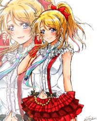 Rule 34 | 10s, 1girl, ayase eli, blonde hair, blue eyes, blush, bokura wa ima no naka de, earrings, female focus, gloves, hair ribbon, highres, jewelry, love live!, love live! school idol project, multicolored clothes, necktie, open mouth, ponytail, ribbon, shirt, shogo (4274732), smile, solo, striped necktie, striped neckwear, suspenders