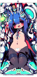 1girl animal_ear_fluff animal_ears black_coat black_thighhighs blue_hair blush bra breasts chain coat collar commentary_request dangomushi hair_between_eyes highres long_sleeves meme_attire navel open_clothes open_coat open_mouth original panties red_eyes reverse_bunnysuit reverse_outfit small_breasts smile solo tareme thighhighs underwear white_bra white_panties