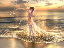 Rule 34 | 1girl, bare shoulders, beach, brown hair, cloud, commentary, crossed arms, dress, foomidori, full body, hair ornament, hands on own chest, highres, long hair, looking at viewer, ocean, off shoulder, orange dress, original, scenery, sky, solo, standing, sunset, water