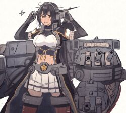 Rule 34 | 1girl, black cape, black gloves, black hair, cannon, cape, commentary request, cowboy shot, elbow gloves, fingerless gloves, gloves, headgear, kantai collection, kasumi (skchkko), long hair, machinery, miniskirt, nagato (kancolle), nagato kai ni (kancolle), pleated skirt, red eyes, simple background, skirt, solo, standing, thighhighs, turret, white background