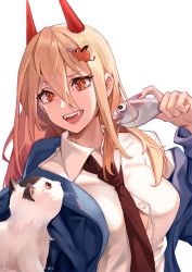 Rule 34 | + +, 1girl, absurdres, animal, black necktie, blue jacket, brown eyes, buttons, cat, chainsaw man, chinese commentary, collared shirt, commentary request, cross-shaped pupils, demon horns, fish, hair between eyes, hair ornament, hand up, highres, holding, holding animal, holding fish, horns, jacket, long hair, looking at animal, meowy (chainsaw man), necktie, off shoulder, open mouth, orange hair, pochita (chainsaw man), power (chainsaw man), red horns, sharp teeth, shirt, signature, simple background, solo, symbol-shaped pupils, teeth, upper body, white background, white shirt, yonggan gebulin