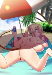 Rule 34 | absurdres, ass, bar censor, beach, beach towel, beach umbrella, blonde hair, blue eyes, blush, bombergirl, breasts, censored, completely nude, earrings, fuse tail, gradient hair, hair over one eye, highres, hinasera aya, jewelry, large breasts, lens flare, lips, looking back, lotion, lying, multicolored hair, nude, olive drab, on stomach, pussy, shade, sideboob, smile, spread legs, sunscreen, topless, towel, twintails, umbrella
