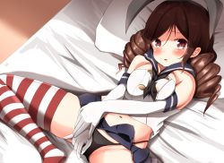 Rule 34 | 1girl, alternate costume, bare shoulders, bed, black hairband, black panties, black ribbon, blue sailor collar, blue skirt, blush, breasts, brown eyes, brown hair, cleavage, commentary request, cosplay, crop top, drill hair, elbow gloves, gloves, groin, hair ribbon, hairband, harukaze (kancolle), highleg, highleg panties, highres, kantai collection, long hair, looking at viewer, lying, medium breasts, miniskirt, mochiyuki, navel, on back, on bed, panties, parted bangs, parted lips, pillow, pleated skirt, ribbon, sailor collar, school uniform, serafuku, shimakaze (kancolle), shimakaze (kancolle) (cosplay), shirt, sidelocks, skirt, solo, spread legs, striped clothes, striped thighhighs, thighhighs, twin drills, underwear, white gloves, white shirt