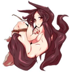 Rule 34 | 1girl, animal ears, bdsm, bondage, bound, breasts, brown eyes, brown hair, imaizumi kagerou, kaminari, large breasts, long hair, looking at viewer, lying, nail polish, nude, on side, red nails, solo, tail, touhou, very long hair, werewolf, wolf ears, wolf tail