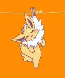 Rule 34 | = =, anus, blush, clothes pin, clothesline, creatures (company), full body, game freak, gen 1 pokemon, hanging, jolteon, leg up, looking at viewer, lovewolf5122, nintendo, no humans, orange background, pokemon, pokemon (creature), simple background, solo, triangle mouth