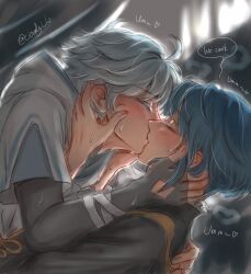 Rule 34 | 2boys, ahoge, artist name, blue hair, blurry, blurry background, blush, boy on top, chongyun (genshin impact), closed eyes, cloudylila, commentary, english commentary, english text, fingerless gloves, genshin impact, gloves, hands on another&#039;s face, highres, hood, hoodie, kiss, male focus, moaning, multiple boys, speech bubble, white hair, white hoodie, xingqiu (genshin impact), yaoi