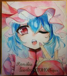 Rule 34 | 1girl, absurdres, blue hair, character name, dress, fang, finger to mouth, hat, highres, mob cap, nail polish, niri, photo (medium), pink nails, red eyes, remilia scarlet, slit pupils, solo, teeth, touhou, traditional media