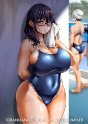 Rule 34 | 3girls, arm behind head, ass, bare shoulders, black hair, blue one-piece swimsuit, breasts, cleavage, covered navel, curvy, glasses, grey eyes, holding, holding towel, huge breasts, jimiko, large breasts, looking at viewer, medium hair, multiple girls, neroma shin, one-piece swimsuit, open mouth, original, pool, school swimsuit, skin tight, solo focus, standing, swim cap, swimsuit, thick thighs, thighs, towel, water, wet, wiping sweat