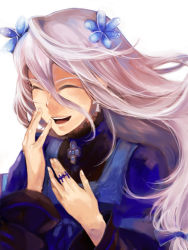 Rule 34 | 1girl, aq interactive, dress, earrings, closed eyes, female focus, flower, hair ornament, jewelry, kanan (the last story), laughing, long hair, mistwalker, nintendo, onitobico, open mouth, silver hair, solo, the last story, white background