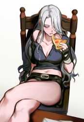 Rule 34 | 1girl, belt, black gloves, black shorts, blue shirt, breasts, cleavage, collarbone, commentary, crossed legs, dante (devil may cry), devil may cry (series), eating, expressionless, feet out of frame, fingerless gloves, food, food in mouth, genderswap, genderswap (mtf), gloves, grey eyes, grey hair, hair over one eye, half-closed eyes, highres, legs on table, long hair, looking down, medium breasts, navel, off shoulder, on chair, one eye covered, partially unbuttoned, pizza, pizza slice, shirt, short shorts, shorts, simple background, single bare shoulder, sitting, solo, symbol-only commentary, thighs, white background, wuliu heihuo