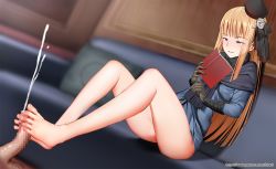 Rule 34 | 1girl, barefoot, blonde hair, blue eyes, blush, censored, couch, cum, ejaculation, fate/grand order, fate (series), feet, footjob, half-closed eyes, hat, long hair, lord el-melloi ii case files, no panties, parted lips, penis, reading, reines el-melloi archisorte, sitting, toes