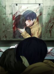 1boy 1other absurdres asphyxiation bag_over_head bags_under_eyes blood blood_on_clothes blood_on_face blood_on_hands blood_on_mirror blood_on_wall bloody_weapon blue_hair blurry blurry_foreground from_behind highres horror_(theme) jacket knife lips mirror original parted_lips pliers reflection restroom riroi_(rntr_ll) short_hair sink strangling tile_wall tiles weapon yellow_eyes yellow_jacket