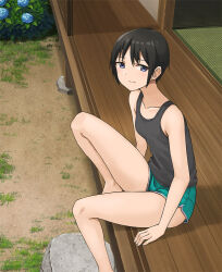 Rule 34 | 1girl, barefoot, black hair, blue eyes, blue flower, dolphin shorts, feet out of frame, flat chest, flower, hashi, looking at viewer, original, scenery, short bangs, short hair, shorts, sitting, smile, solo, thighs, tomboy, veranda