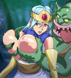 Rule 34 | 1girl, grabbing another&#039;s breast, breasts, chunsoft, dragon quest, dragon quest iii, enix, forest, grabbing, grabbing from behind, groping, ichijiku, interspecies, large breasts, monster, nature, sage (dq3), tongue, torn clothes
