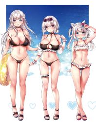 Rule 34 | 3girls, animal ear fluff, animal ears, arm up, armpits, azur lane, bad id, bad twitter id, bare arms, bare legs, bare shoulders, belfast (azur lane), bikini, black bikini, blue eyes, braid, breasts, bridal garter, cameltoe, cat ears, chiyingzai, choker, cleavage, closed mouth, collarbone, commentary request, eyewear on head, flower, frilled bikini, frills, front-tie top, frown, full body, gluteal fold, groin, hair flower, hair ornament, hair rings, halterneck, hammann (azur lane), hammann (rebellious summer) (azur lane), heart, heart-shaped eyewear, height difference, highres, holding, innertube, large breasts, long hair, looking at viewer, multiple girls, navel, o-ring, o-ring bikini, off shoulder, parted lips, purple eyes, red eyes, sandals, scrunchie, short hair, short ponytail, side-by-side, silver hair, sirius (azur lane), sirius (scorching-hot seirios) (azur lane), small breasts, smile, sparkle, standing, stomach, strap slip, sunglasses, swim ring, swimsuit, thigh gap, thighs, twintails, white bikini, wrist scrunchie