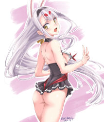 Rule 34 | 1girl, animal ears, artist name, ass, azur lane, back, bare arms, bare shoulders, black hairband, black skirt, blunt bangs, breasts, dated, from behind, hairband, high-waist skirt, highres, long hair, looking at viewer, looking back, nipples, open mouth, rabbit ears, shimakaze (azur lane), shoulder blades, simple background, skirt, small breasts, smile, solo, umyonge (lkakeu), v, very long hair, white background, white hair, yellow eyes