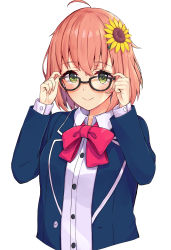 Rule 34 | 1girl, absurdres, adjusting eyewear, arms up, bespectacled, black-framed eyewear, blazer, blue jacket, blush, bow, breasts, brown hair, closed mouth, collared shirt, cropped torso, dress shirt, flower, glasses, green eyes, hair flower, hair ornament, highres, honma himawari, jacket, long sleeves, nijisanji, open clothes, open jacket, racchi., red bow, school uniform, shirt, short hair, simple background, small breasts, smile, sunflower, sunflower hair ornament, upper body, virtual youtuber, white background, white shirt