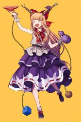 Rule 34 | 1girl, ^ ^, alcohol, arm up, banned artist, belt, blue ribbon, blue skirt, blush, bow, breasts, brown background, brown belt, brown footwear, chain, closed eyes, commentary request, cup, fang, footwear bow, full body, gourd, hair bow, happy, harano, holding, holding cup, horn bow, horn ornament, horn ribbon, horns, ibuki suika, long hair, mary janes, oni, oni horns, open mouth, orange hair, red bow, red eyes, red neckwear, ribbon, ribbon-trimmed skirt, ribbon trim, sakazuki, sake, shirt, shoes, simple background, skirt, sleeveless, sleeveless shirt, small breasts, smile, socks, solo, staff, standing, torn clothes, torn sleeves, touhou, white shirt, white socks, wrist cuffs, yellow background