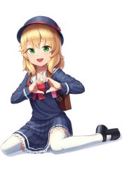 Rule 34 | 1girl, :d, absurdres, backpack, bag, black footwear, blk swdmn, blonde hair, blue hat, blue shirt, blue skirt, bow, commentary, fingernails, full body, goback, green eyes, hair between eyes, hat, hat bow, heart, heart hands, highres, idolmaster, idolmaster cinderella girls, long hair, long sleeves, looking at viewer, mary janes, open mouth, pleated skirt, red bow, sailor collar, sakurai momoka, school uniform, serafuku, shadow, shirt, shoes, sitting, skirt, smile, solo, thighhighs, wariza, white background, white sailor collar, white thighhighs