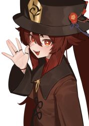 Rule 34 | 1girl, blush, brown coat, chinese clothes, coat, commentary request, flasso, flower, flower-shaped pupils, from above, from side, genshin impact, hair between eyes, hands up, hat, hat flower, highres, hu tao (genshin impact), jewelry, long hair, long sleeves, looking at viewer, multiple rings, open mouth, plum blossoms, red eyes, red flower, red shirt, ring, sharp teeth, shirt, smile, symbol-shaped pupils, teeth, twintails, very long hair