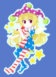 Rule 34 | 1girl, american flag, american flag dress, american flag legwear, blonde hair, blue background, blush, closed mouth, clownpiece, commentary request, dress, expressionless, fairy, fairy wings, frilled shirt collar, frills, full body, hat, jester cap, long hair, looking at viewer, messy hair, neck ruff, no shoes, nosada, pantyhose, polka dot, purple eyes, simple background, solo, star (symbol), touhou, very long hair, wings