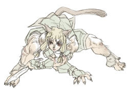 Rule 34 | 00s, 1girl, animal ears, blonde hair, cat ears, cat girl, cat tail, claws, female focus, fighting stance, final fantasy, final fantasy xi, full body, fur, knife, mithra (ff11), muscular, orange eyes, simple background, slit pupils, solo, tail