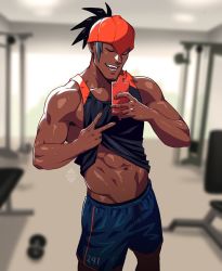 Rule 34 | 1boy, :d, abs, bare arms, black hair, black shirt, blue shorts, blurry, blurry background, closed eyes, clothes lift, commentary, creatures (company), dark-skinned male, dark skin, dumbbell, earrings, game freak, gen 4 pokemon, gym, hands up, holding, holding phone, indoors, jewelry, male focus, muscular, muscular male, navel, nintendo, open mouth, orange headwear, phone, pokemon, pokemon (creature), pokemon swsh, raihan (pokemon), rotom, rotom phone, selfie, shirt, shirt lift, short hair, shorts, sleeveless, sleeveless shirt, smile, sweat, teeth, tongue, undercut, v, xelgot, |d