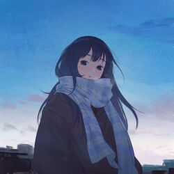 Rule 34 | 1girl, :o, black coat, black eyes, blue hair, blue scarf, blue sky, breath, cloud, cloudy sky, coat, dark blue hair, ddini, double-parted bangs, enpera, hands in pockets, highres, light blush, long hair, looking at viewer, open mouth, original, outdoors, plaid, plaid scarf, scarf, sky, solo, standing, star (sky), starry sky
