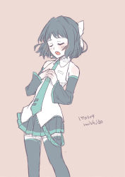 Rule 34 | 1girl, aqua necktie, artist name, bare shoulders, black hair, bow, cosplay, dated, detached sleeves, hair bow, hatsune miku, hatsune miku (cosplay), kohinata miku, mishido sun, music, name connection, necktie, open mouth, pleated skirt, senki zesshou symphogear, singing, sketch, skirt, solo, thighhighs, vocaloid