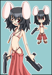 Rule 34 | 1girl, animal ears, artist request, bespectacled, bikini, chibi, dual wielding, female focus, flat chest, glasses, gun, holding, holding gun, holding weapon, inaba tewi, photoshop (medium), rabbit ears, simple background, skirt, solo, swimsuit, touhou, trigger discipline, weapon