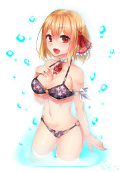 Rule 34 | 1girl, aged up, alternate costume, bikini, blonde hair, blush, breasts, cleavage, detached collar, doyouwantto, female focus, gradient background, hair ribbon, large breasts, looking at viewer, navel, o-ring, o-ring bikini, open mouth, red eyes, ribbon, rumia, short hair, smile, solo, swimsuit, touhou