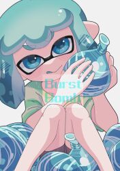 Rule 34 | 1girl, blue eyes, blue hair, burst bomb (splatoon), commentary request, green shirt, highres, inkling, inkling girl, inkling player character, knees together feet apart, nintendo, panu, shirt, short hair, simple background, sitting, solo, splatoon (series), splatoon 3, tongue, tongue out, weapon name, white background