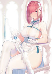 Rule 34 | 1girl, blue eyes, blush, breasts, cleavage cutout, closed mouth, clothing cutout, diagonal bangs, dress, gloves, hair over one eye, hayabusa (vert 320), highres, large breasts, looking at viewer, mole, mole under eye, original, red hair, short hair, sideboob, sitting, smile, solo, thighhighs, thighs, white dress, white gloves, white thighhighs
