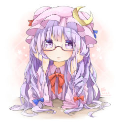 Rule 34 | 1girl, anzu ame, blush, bow, crescent, crescent hair ornament, elbow rest, glasses, gradient background, hair bow, hair ornament, hat, long hair, open mouth, patchouli knowledge, purple eyes, purple hair, solo, touhou, very long hair
