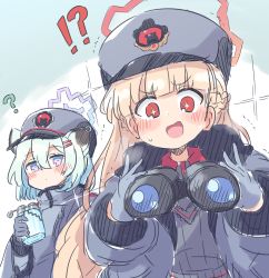 Rule 34 | !?, + +, 2girls, :d, animal ears, binoculars, black shirt, blonde hair, blue archive, blue eyes, blue hair, blush, braid, closed mouth, collared shirt, commentary request, ear piercing, gloves, grey gloves, grey headwear, grey jacket, guriin, halo, hat, heavy breathing, highres, hip flask, holding, jacket, multiple girls, nodoka (blue archive), open clothes, open jacket, open mouth, peaked cap, piercing, pink eyes, red eyes, shigure (blue archive), shirt, smile, sweat, trembling, v-shaped eyebrows