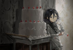 Rule 34 | 1boy, black hair, buttons, cake, checkered clothes, checkered scarf, danganronpa (series), danganronpa v3: killing harmony, double-breasted, flipped hair, food, food on face, fork, fruit, grey jacket, grey pants, grin, hair between eyes, highres, holding, holding fork, indoors, jacket, oma kokichi, pants, purple eyes, purple hair, sa (pixiv 89232413), scarf, smile, solo, standing, strawberry, teeth