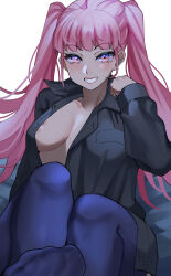 Rule 34 | 1girl, areola slip, black pantyhose, black shirt, blush, borrowed clothes, breasts, ceroccb, collared shirt, commentary, english commentary, female focus, fire emblem, fire emblem: three houses, grin, highres, hilda valentine goneril, large breasts, long hair, long sleeves, looking at viewer, matching hair/eyes, nintendo, no shoes, open clothes, open shirt, pantyhose, pink eyes, pink hair, shirt, simple background, smile, solo, teeth, twintails, very long hair, white background