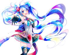 Rule 34 | 1girl, :d, ahoge, black gloves, black skirt, black thighhighs, blue eyes, blue hair, elbow gloves, gloves, grey shirt, hand up, hatsune miku, long hair, looking at viewer, open mouth, pleated skirt, reaching, reaching towards viewer, shirayuki towa, shirt, skirt, sleeveless, sleeveless shirt, smile, solo, thighhighs, twintails, very long hair, vocaloid, white background, white shirt, zettai ryouiki