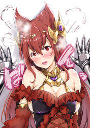 Rule 34 | 1girl, absurdres, against wall, animal ears, anthuria, bare shoulders, blush, breasts, cleavage, detached sleeves, dress, erune, granblue fantasy, hair between eyes, hair ornament, highres, kabedon, kimura neito, large breasts, lips, long hair, looking at viewer, open mouth, red dress, red eyes, red hair, solo focus, steam, sweat, teeth, upper body, upper teeth only