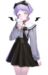 Rule 34 | 1girl, absurdres, black bow, black bowtie, black choker, black ribbon, black shirt, bow, bowtie, buttons, choker, commentary, cowboy shot, demon wings, detached wings, finger to cheek, flat chest, frilled sailor collar, frills, grey shirt, hair ribbon, hand up, highres, idolmaster, idolmaster million live!, index finger raised, jirai kei, lace, lace-trimmed skirt, lace trim, light blush, long sleeves, looking at viewer, makabe mizuki, mimizubare, mini wings, pout, purple hair, ribbon, sailor collar, shirt, short hair, sidelocks, skirt, solo, suspender skirt, suspenders, symbol-only commentary, thighs, wavy hair, white background, white sailor collar, wings, yellow eyes