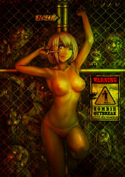 Rule 34 | 1girl, ;q, against fence, arm up, armpits, bad id, bad pixiv id, bikini tan, blonde hair, blue eyes, breasts, burunuu (bullnukko), chain-link fence, dark, fence, heart, heart-shaped pupils, looking at viewer, medium breasts, navel, nipples, no pussy, nude, one eye closed, short hair, sign, smile, standing, standing on one leg, symbol-shaped pupils, tan, tanline, teeth, tongue, tongue out, v, v over eye, warning sign, zanshomimai, zombie