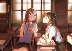 Rule 34 | 2girls, arm support, black skirt, blush, breasts, brown hair, chair, classroom, closed eyes, collared shirt, commentary, desk, door, facing another, frown, green necktie, holding, indoors, kagawa yuusaku, leaning forward, lipgloss, lips, long hair, looking at another, multiple girls, necktie, nose blush, original, pencil case, profile, school, school desk, school uniform, shade, shirt, short sleeves, sign, sitting, skirt, small breasts, sunlight, surprised, sweater vest, white shirt, window, yuri