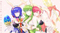 Rule 34 | 3girls, alternate costume, animal ears, blue eyes, blue hair, bow, carrot, catria (fire emblem), choker, closed mouth, easter egg, egg, est (fire emblem), fake animal ears, fire emblem, fire emblem: mystery of the emblem, fire emblem heroes, flower, frilled choker, frills, gloves, green eyes, green hair, hair flower, hair ornament, holding, long hair, multiple girls, nintendo, open mouth, palla (fire emblem), parted lips, pink eyes, pink hair, qumaoto, rabbit ears, red bow, see-through, short hair, siblings, sisters, smile, spoon, twitter username, upper body, white gloves