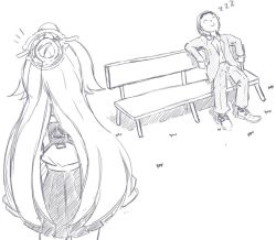 Rule 34 | 1boy, 1girl, bench, blue archive, comic, commentary request, doodle sensei (blue archive), formal, greyscale, halo, harness, hoshino (blue archive), looking at another, monochrome, on bench, outdoors, school uniform, sensei (blue archive), sitting, sleeping, suit, tokkasan, zzz