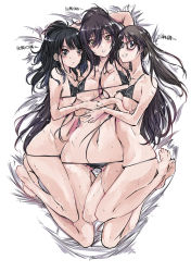 Rule 34 | 3girls, absurdres, arms up, bikini, black bikini, black hair, blue eyes, blush, grabbing another&#039;s breast, breasts, brown eyes, brown hair, character name, feet, from above, full body, girl sandwich, glasses, grabbing, grin, hair spread out, hands on another&#039;s chest, highres, hip focus, idolmaster, idolmaster shiny colors, kazano hiori, kneeling, large breasts, legs, long hair, looking at viewer, lowleg, lowleg bikini, micro bikini, midriff, mitsumine yuika, multiple girls, navel, on bed, ponytail, sandwiched, shirase sakuya, small breasts, smile, sweat, swimsuit, thighs, tsurime, twintails, very long hair, wet, wide hips, yazawa mana, yuri