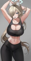 Rule 34 | 1girl, absurdres, armpits, arms up, bare arms, bare shoulders, black pants, blonde hair, blue archive, blue eyes, breasts, cleavage, clenched teeth, commentary request, cowboy shot, crop top, grey background, hair tie, highres, kanna (blue archive), large breasts, leggings, long hair, looking at viewer, midriff, navel, pants, ponytail, sharp teeth, simple background, solo, standing, stomach, teeth, thighs, thuban ap, very long hair