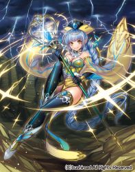 Rule 34 | 10s, 1girl, anklet, blue hair, boots, braid, breasts, cardfight!! vanguard, cleavage, company name, electricity, full body, gloves, hat, holy mage rossa, jewelry, long hair, looking at viewer, matsurika youko, medium breasts, official art, pointy ears, sky, smile, solo, sparkle, staff, thighhighs, yellow eyes