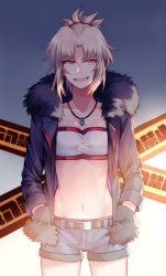 Rule 34 | 1girl, :d, absurdres, belt, belt buckle, black jacket, blonde hair, blue shorts, breasts, buckle, cleavage, collarbone, cowboy shot, cutoffs, denim, denim shorts, fate/apocrypha, fate (series), fur-trimmed jacket, fur collar, fur trim, gradient background, green eyes, grey background, hands in pockets, highres, jacket, jewelry, legs apart, light, long sleeves, looking at viewer, mordred (fate), mordred (fate/apocrypha), navel, necklace, open clothes, open jacket, open mouth, parted bangs, pendant, ponytail, short hair, shorts, small breasts, smile, solo, standing, stomach, strapless, teeth, tube top, yellow eyes, yorukun