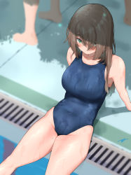 Rule 34 | bare arms, bare legs, bare shoulders, blue one-piece swimsuit, blush, breasts, brown hair, c@rbon, closed mouth, covered navel, from above, green eyes, highres, large breasts, medium hair, mole, mole on thigh, one-piece swimsuit, original, poolside, school swimsuit, sitting, solo focus, swimsuit, thighs, water, wet